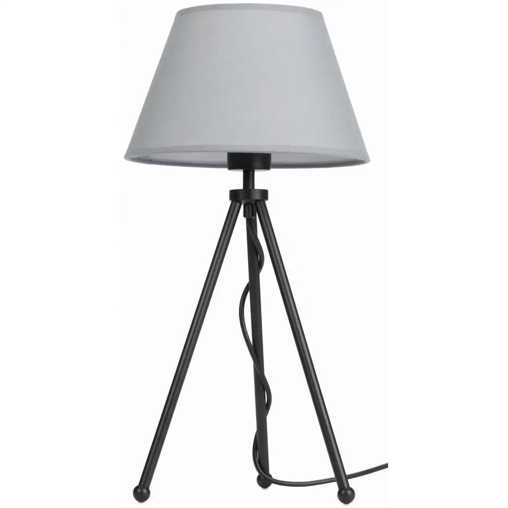 Stående Neptun Mini bordlampe med grå tekstilskjerm og sort tripod-stativ, ledning rundt benet.
