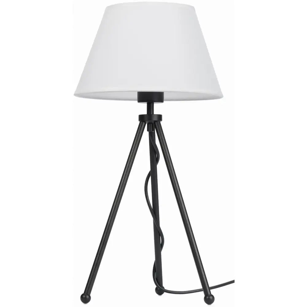 Stående svart Neptun Mini lampe med hvit konisk skjerm, tre bein og synlig ledning foran.