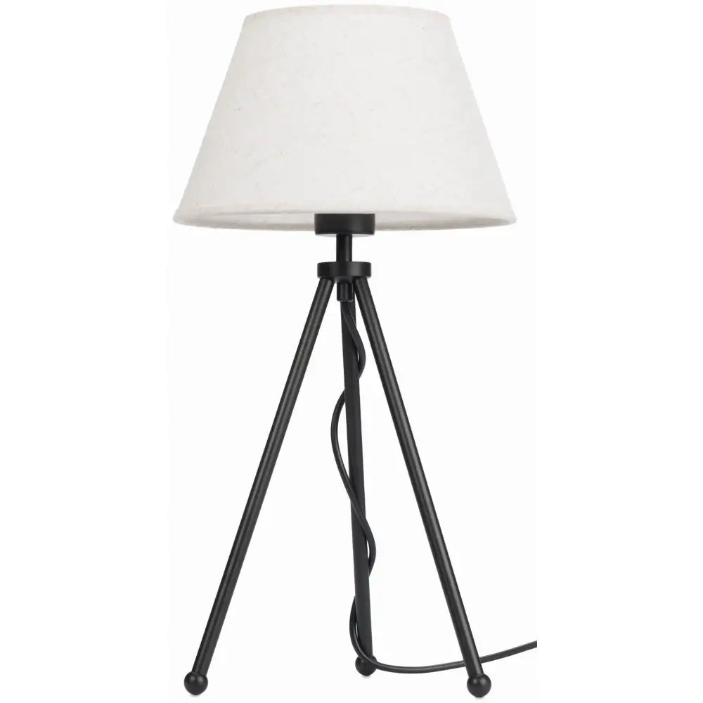 Stående Neptun Mini bordlampe med linfarget skjerm, svart trebeinsstativ og synlig ledning foran.