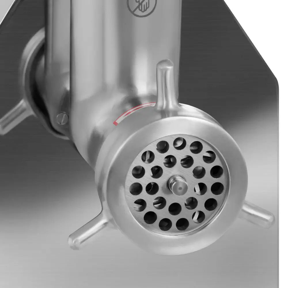 Kjøttkvern i rustfritt stål, frontvisning med synlig hullskive og tre utstikkende armer rundt åpningen.