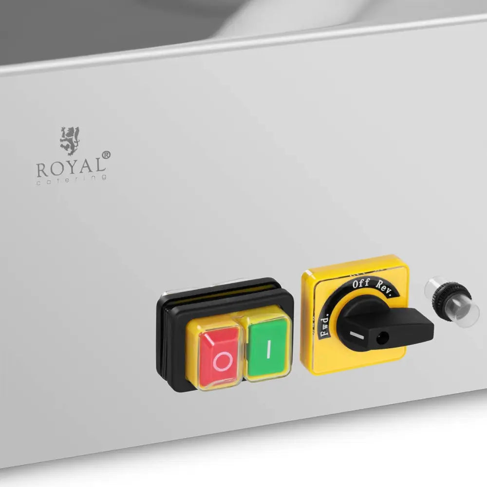 Stainless Steel Meat Grinder kontrollpanel med fargede start/stopp-knapper og sort dreiebryter på gul bakgrunn.