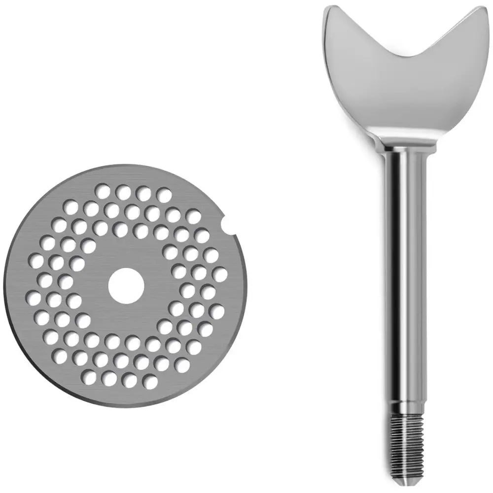 Reservedeler til kjøttkvern i rustfritt stål, sett ovenfra: rund hullplate og avlangt håndtak på hvit bakgrunn.