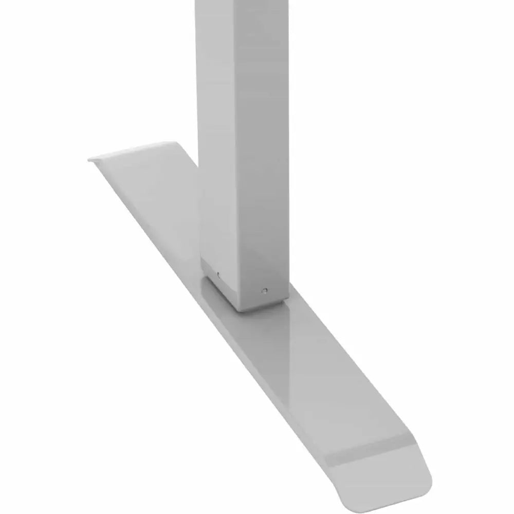 Stål gastronomisk bord, detaljert sidevisning av justerbar grå metallfot med firkantet ben på avrundet base.