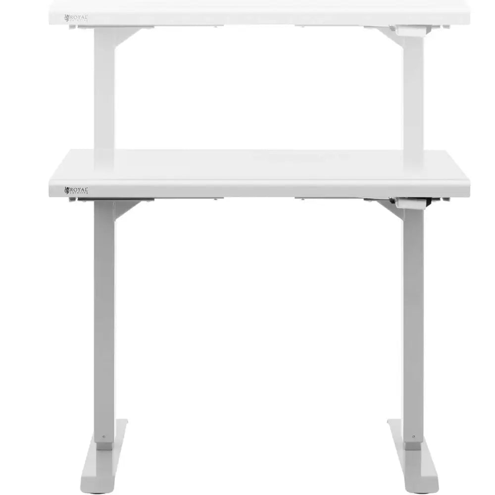 Stål gastronomisk bord, frontvisning med to åpne hyller og justerbar høyde, hvit metallramme og treverk.