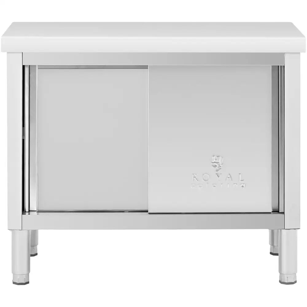 Stål gastronomisk bord med skyvedør, frontvisning av skap med preget logo og justerbare ben.