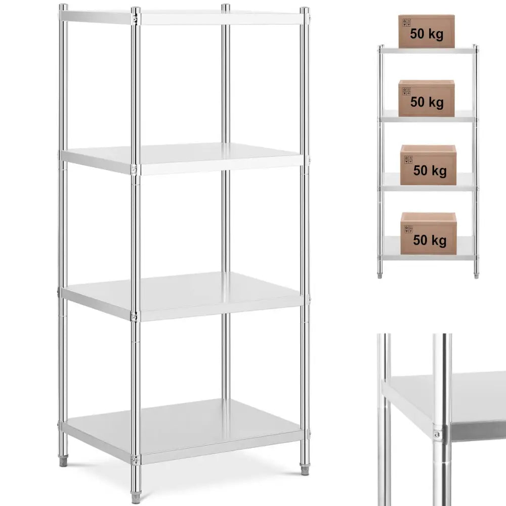 Stål hylle med fire hyller, 80x60 cm, sett fra siden og forfra, med esker og detaljert hjørnevisning.