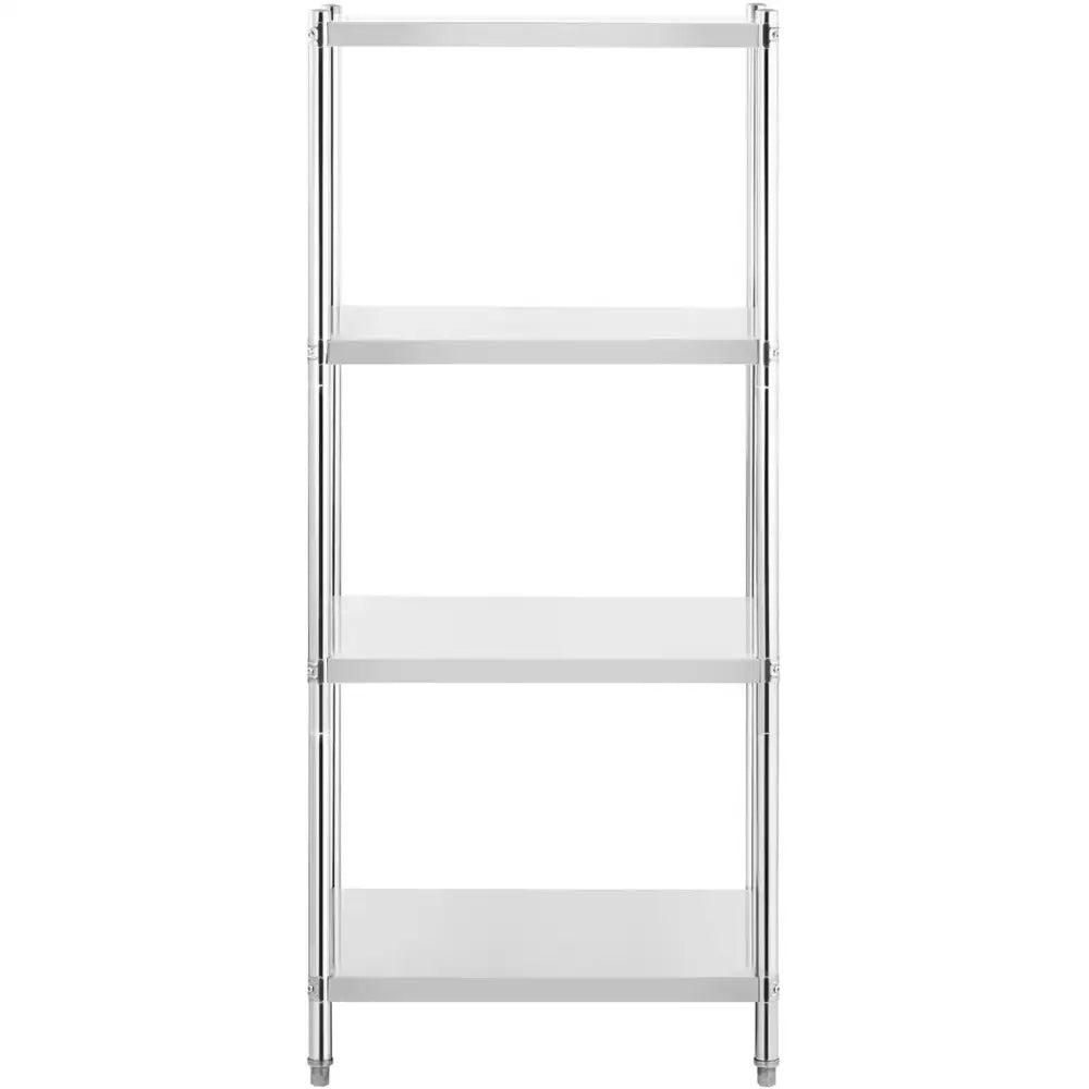 Stål hylle med fire hyller, kromramme og moderne design, frontvisning mot hvit bakgrunn.