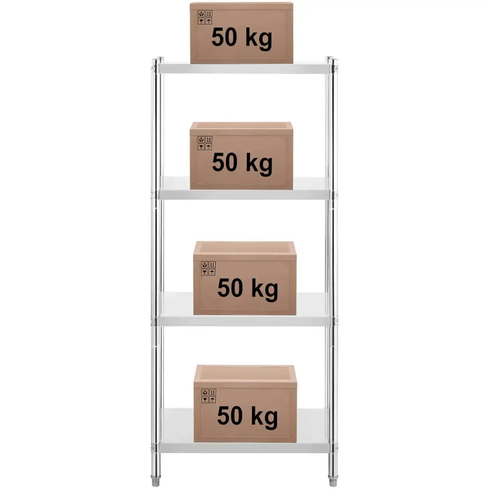 Stål hylle med fire nivåer, hver hylle holder en brun eske merket 50 kg, sett forfra mot hvit bakgrunn.