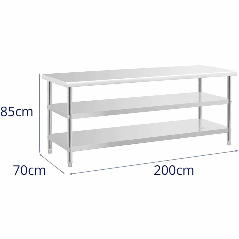 Stål kjøkkenbord med tre hyller, skrå sidevisning med målmarkering av høyde, dybde og bredde.