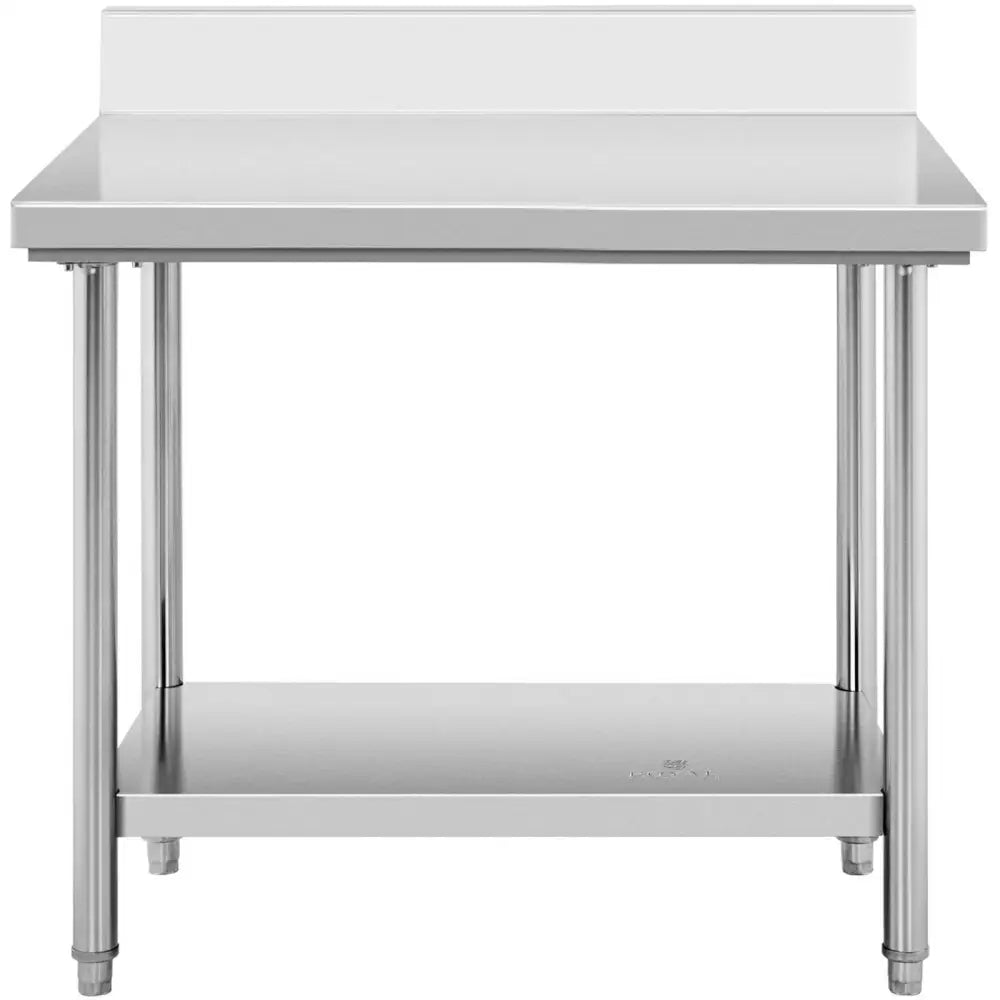 Rustfri veggmontert arbeidsbenk 100x60 cm, frontvisning med bakre kant, underhylle og justerbare ben.