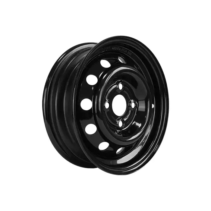 Stålfelg til henger, sort med blank finish, skrå vinkel som fremhever boltinnfestning og runde hull.