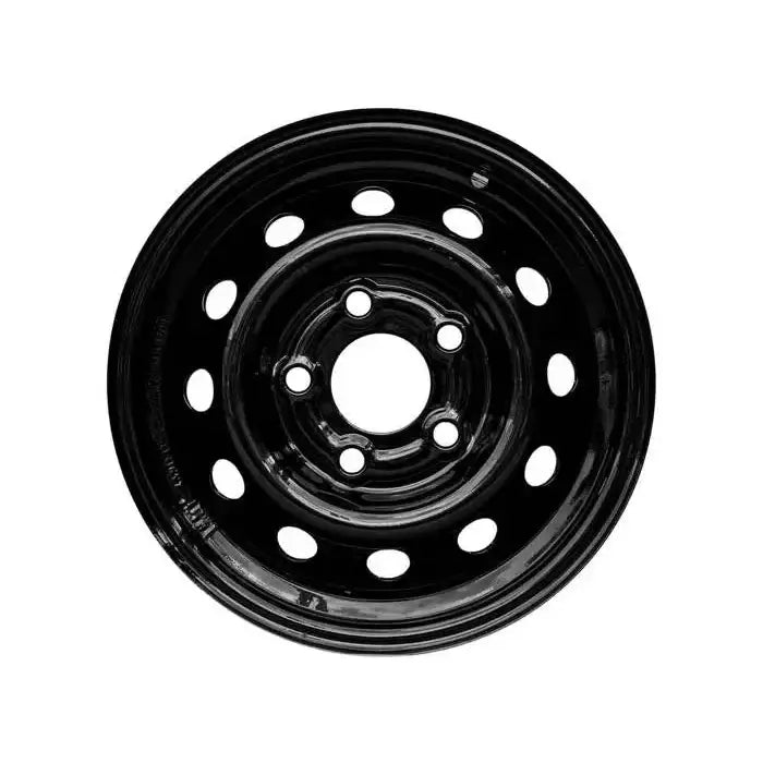 Stålfelg til henger, svart høyglans, sett rett forfra med runde hull og fem bolthull i midten.