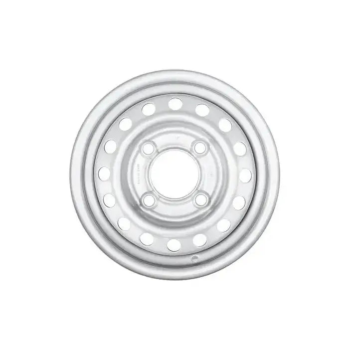 Stålfelg til henger, frontbilde som viser sølvfinish, fire bolthull og runde ventilasjonshull mot hvit bakgrunn.