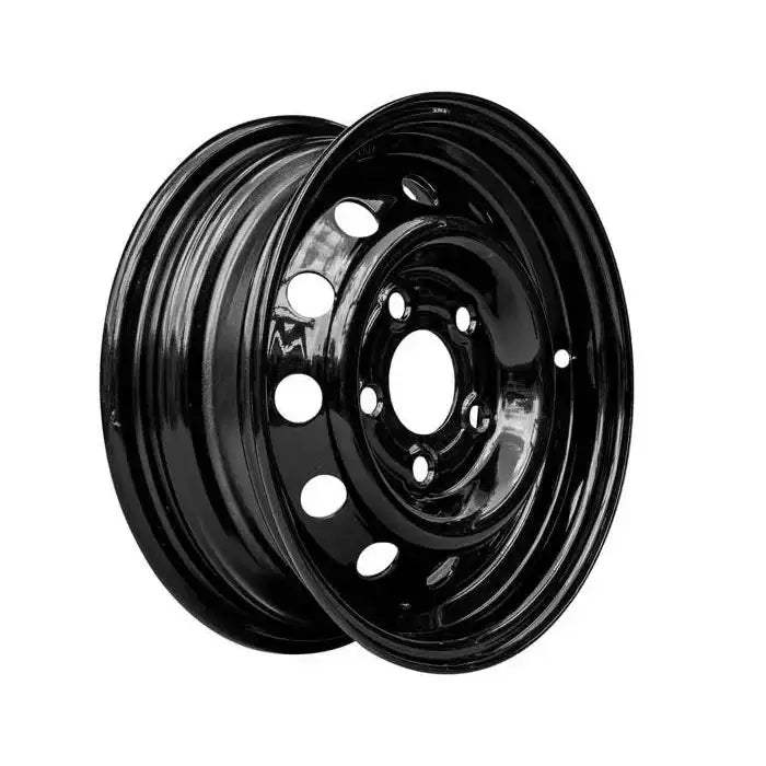 Stålfelg til henger, svart med flere runde hull og blank finish, sett fra siden mot hvit bakgrunn.