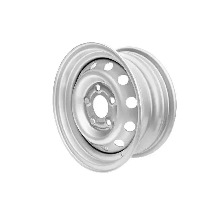 Stålfelg til tilhenger, sølvfarget modell vist skrått med fem bolthull og runde ventilasjonsåpninger.