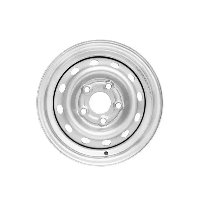 Stålfelg til henger, frontvisning som fremhever runde luftehull og fem sentrerte bolthull mot hvit bakgrunn.