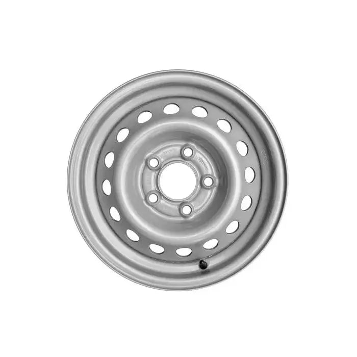 Stålfelg til henger, frontvisning som viser runde luftehull og fem bolthull mot hvit bakgrunn.