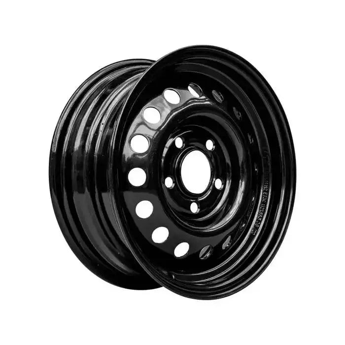 Stålfelg til tilhenger, sort blank finish med runde hull, skrå sidevisning mot hvit bakgrunn.