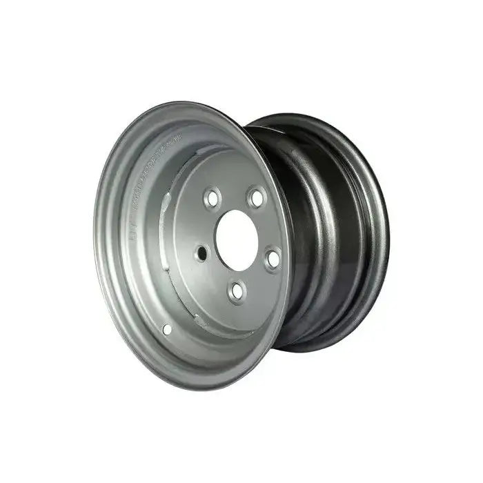 Stålfelg til tilhenger, skrå sidevisning viser fem bolthull og matt sølvfinish uten dekkringer.