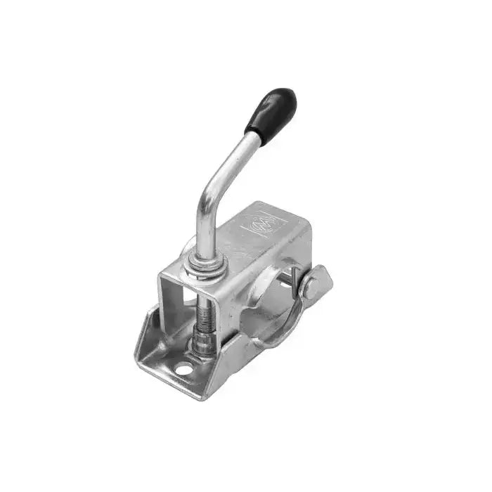 Stålklemme for støttehjul 48 mm, skråvisning med sort plasthåndtak, bolter og festeanordning synlig.