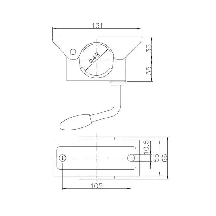 Stålklemme for støttehjul 48 mm, teknisk tegning med mål og håndtak vist fra topp og side.