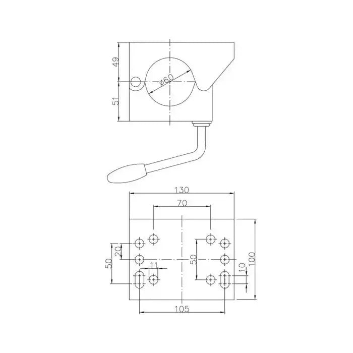 Stålklemme for støttehjul 60 mm, teknisk tegning med mål og plassering av hull og håndtak fra to vinkler.