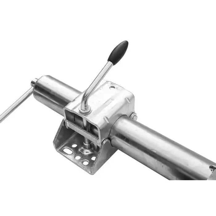 Stålklemme for støttehjul 60 mm, skråvisning med synlige bolthull, festemekanismer og svart plastgrep.