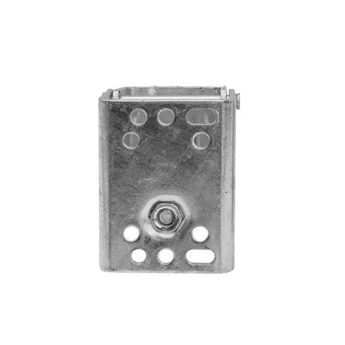 Stålklemme for støttehjul 60 mm, frontbilde som viser sølvfarget brakett med runde hull og sentral sekskantmutter.