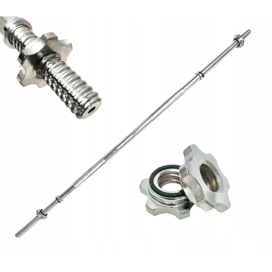 Stålrett vektstang 180 cm, sølvfarget metall med rillet grep, gjengede ender og to stjernelåser i nærbilde.