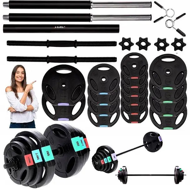 Stang, manual og vektplater i kompositt, komplett sett med sorte vektskiver og fargemerker, sett fra flere vinkler.