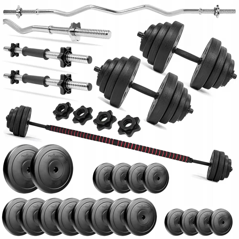 Stang med manualer for benkpressesett, komplette vektstenger og svarte vektskiver arrangert mot hvit bakgrunn.