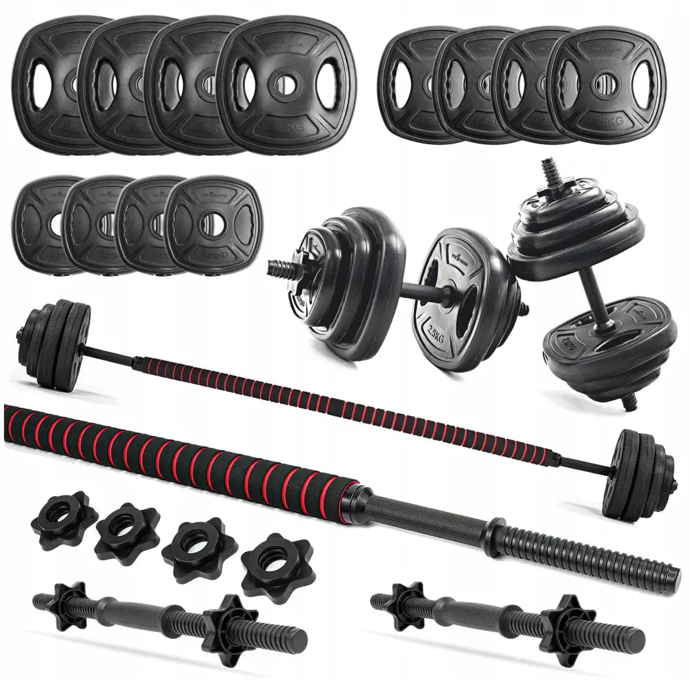 Stang med manualsett 20 kg, settet viser sorte vektplater og manualer med røde detaljer på stangen.