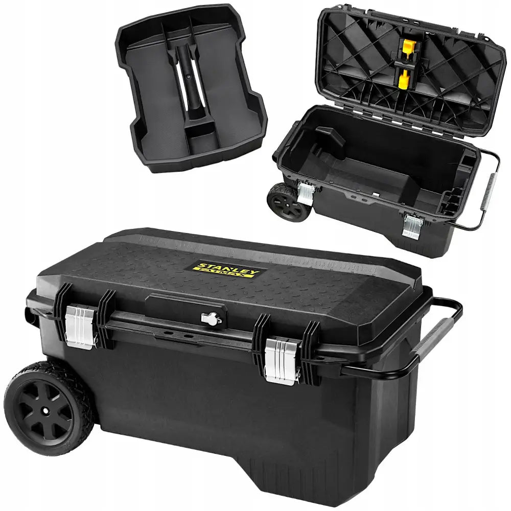 Stanley verktøykasse på hjul 113L, vist åpen og lukket med store hjul, metallspenner og avtagbart brett.