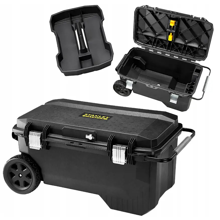 Stanley verktøykasse på hjul 113L, åpen med synlig innerbrett, håndtak og solide metallspenner.