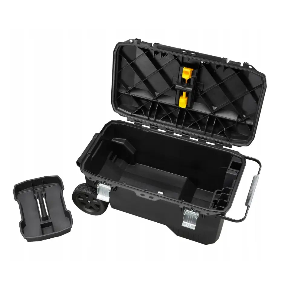 Stanley verktøykasse på hjul, lokket åpent med avtagbart brett og gule detaljer synlige på innsiden.