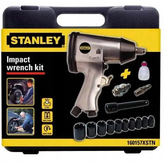 Stanley pneumatisk slagnøkkel og pipenøkkelsett i sort koffert med gult merke, alt utstilt mot gul bakgrunn.