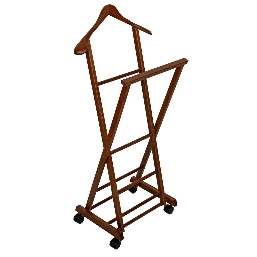 Stativ for dress i mørkt tre, skrå vinkel som viser hjul og integrert kleshenger på toppen.