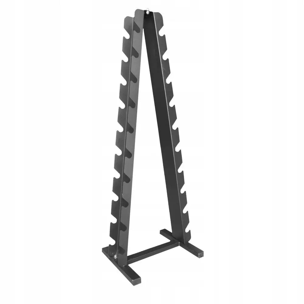 Stativ for manualer, sort metall med V-form og flere utsparinger for oppbevaring, sett fra skrå vinkel.