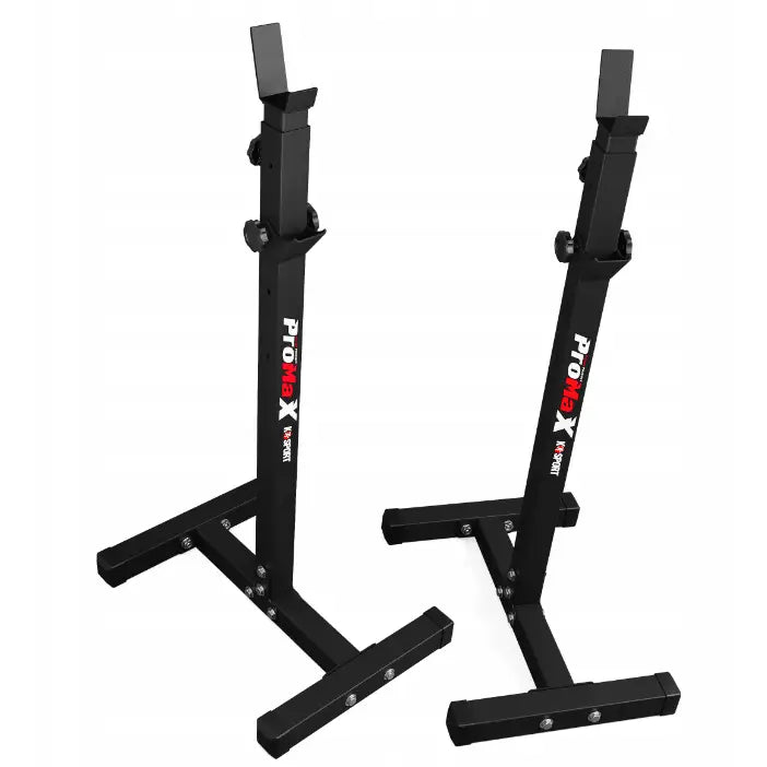 Stativ for vektstang, to svarte metallstativer fra skrå vinkel med synlig logo og solide føtter for stabilitet.