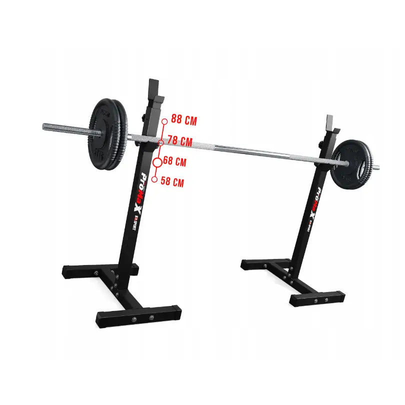 Stativ for vektstang i sort metall, frontvisning med vektstang og fire høydeinnstillinger synlige.