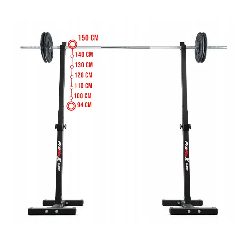 Stativ for vektstang, frontbilde som viser røde høydeangivelser fra 94 til 150 cm og montert vektstang.