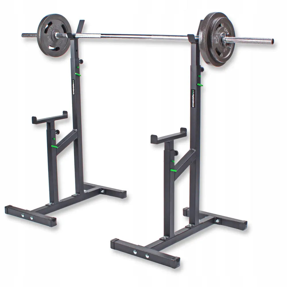 Stativ for vektstang Endorfit Eh, sort justerbart metallstativ med grønne detaljer og påmontert vektstang.