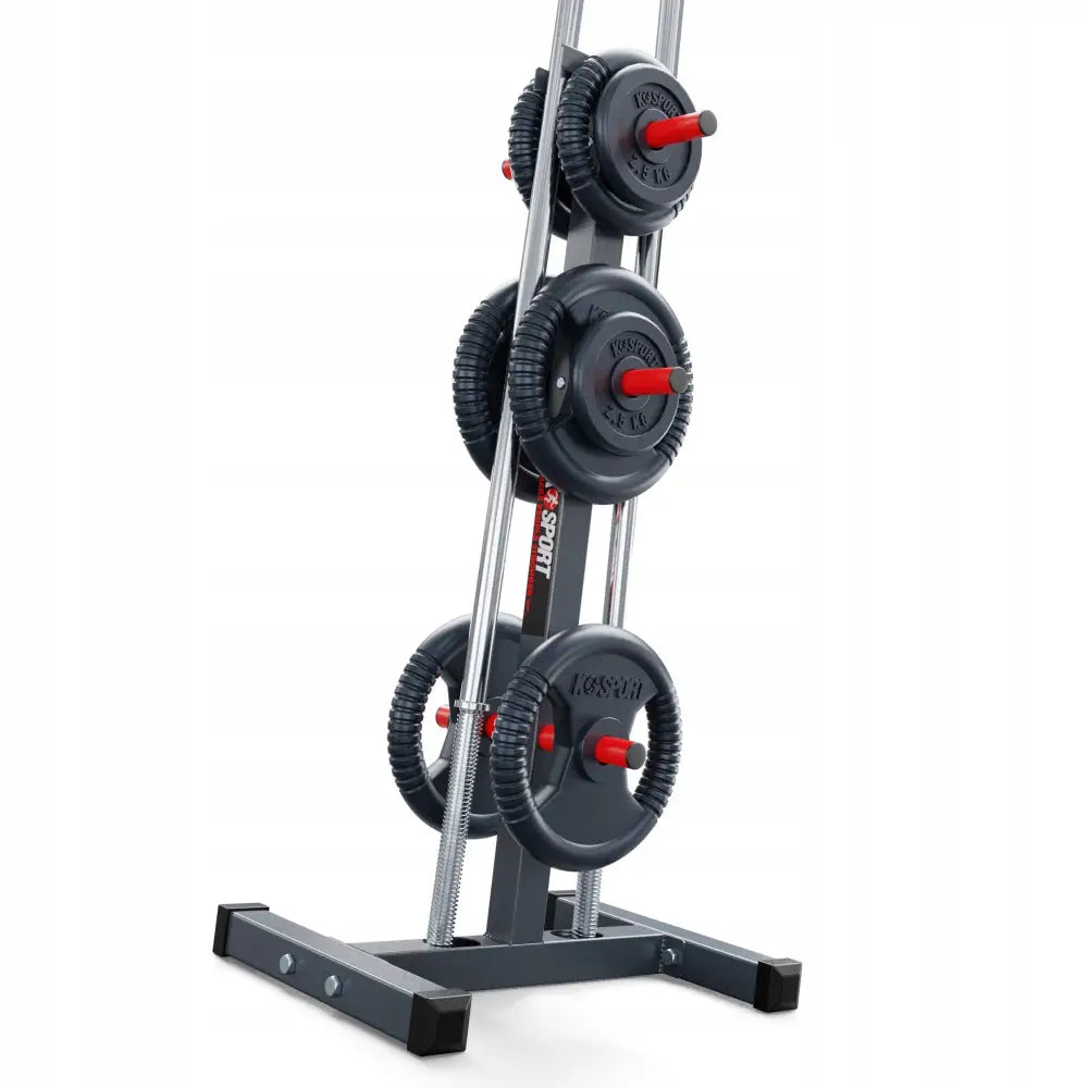 Stativ for vektstang, grå metallramme med tre svarte vektskiver og røde senterstenger, sett forfra fra siden.