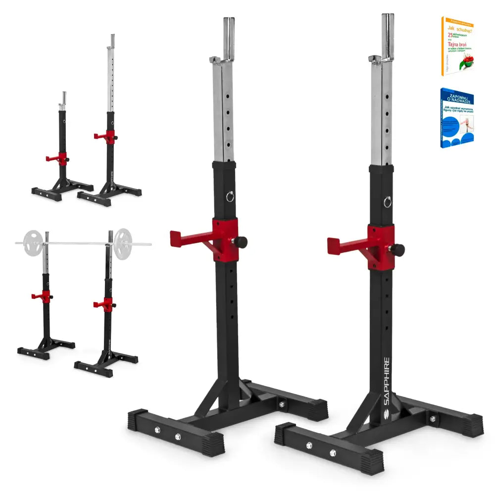Stativ for vektstang, justerbar sort og sølv modell med røde støttearmer og alternative visninger.