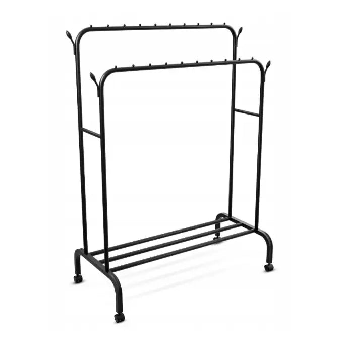 Stativ kleshenger stor med dobbel oppheng og skohylle, sett skrått forfra på hvit bakgrunn.