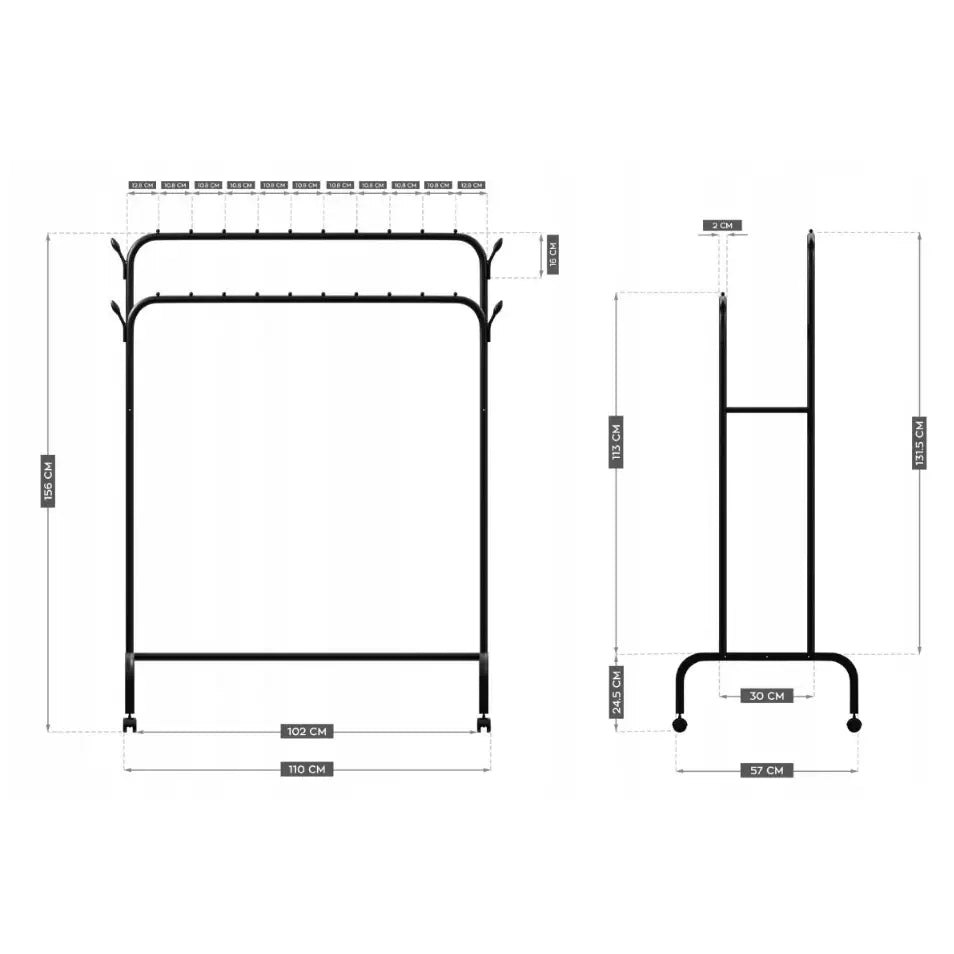 Stativ kleshenger dobbel, svart metall med skohylle, målangivelse og krokdetaljer fra for- og sidevinkel.