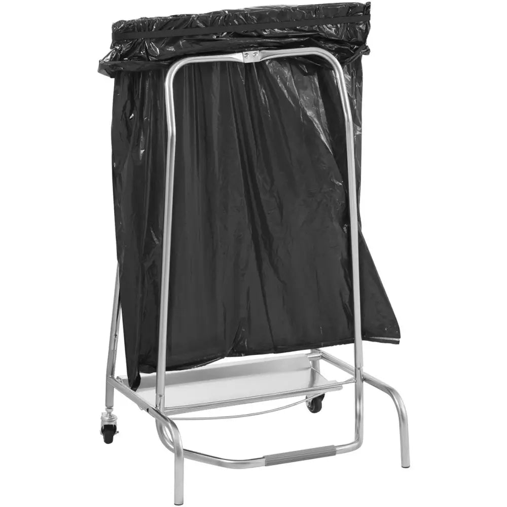 Stativramme til søppelsekk med pedal, sett skrått forfra med sort sekk, hjul og metallbøyle nederst.