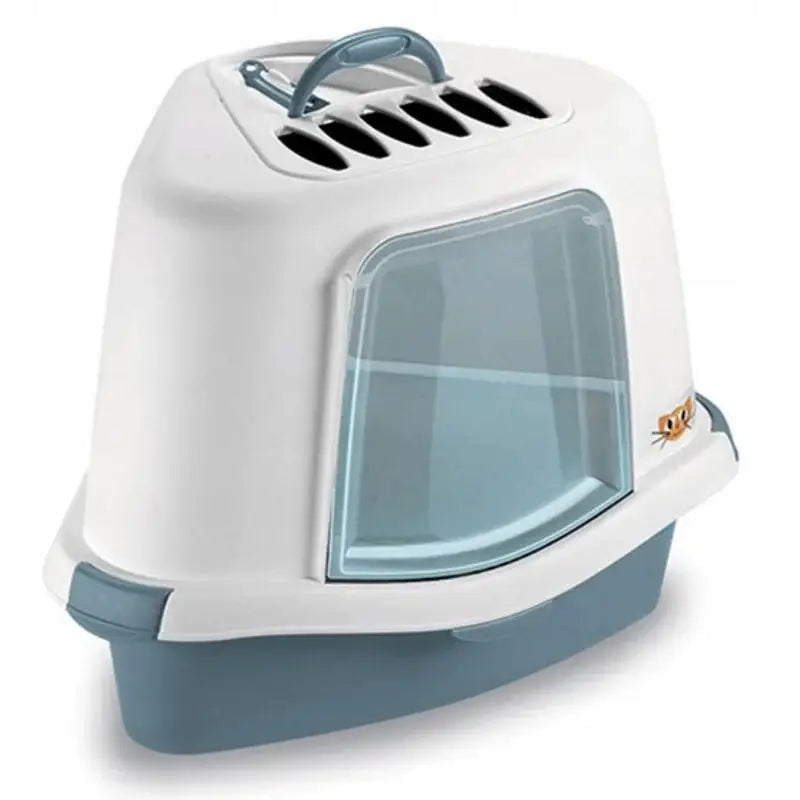 Stefanplast Sprint hjørnetoalett for katter i hvit og blå plast med svingdør, bærehåndtak og dekorativt kattemotiv på siden.