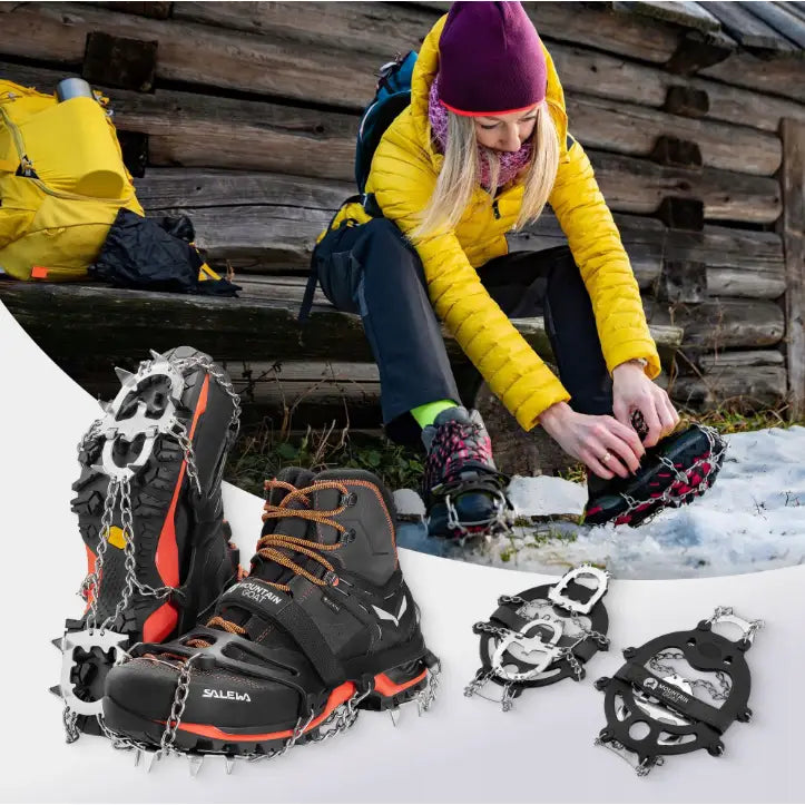 Stegjern med 13 tagger, montert på fjellsko i snødekt terreng, detaljert visning av stålbrodder og feste.