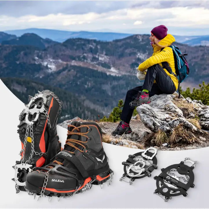 Stegjern med 13 tagger montert på tursko, nærbilde av metallpigger og bruk i fjellterreng.